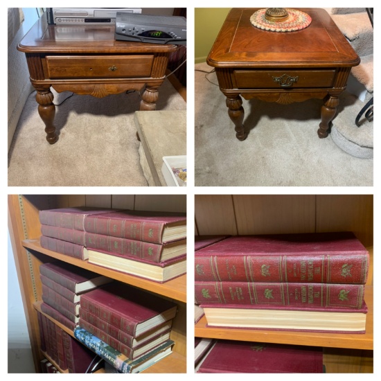 2 Side Stands & Group of American Encyclopedias Books