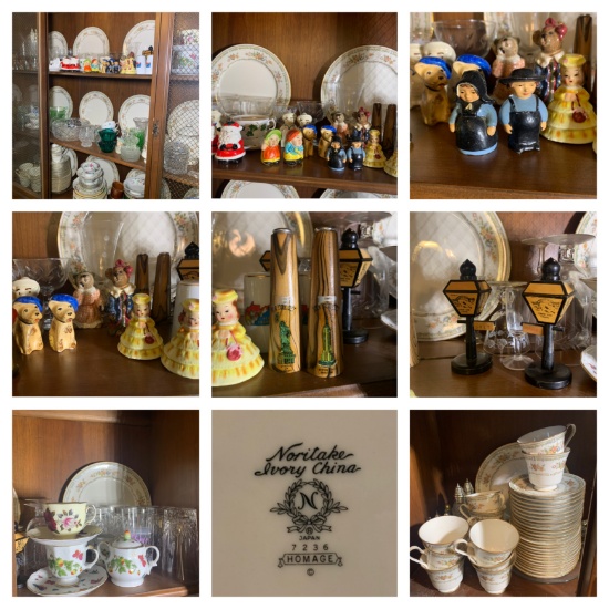 Contents of China Cabinet - Noritake China, Salt N Pepper Shakers, Tea Cups, Glassware & More