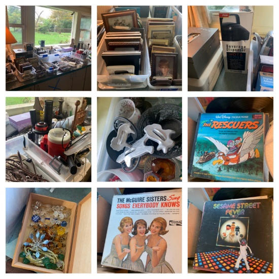 Frames, Fireproof Box with Key, Household Items, Extension Cords, Cookie Cutters, Luggage, Records &