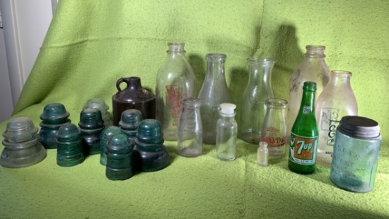 Vintage Milk Bottles, Insulators, Stoneware Jug &  7up Bottle