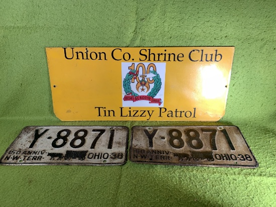1938 Lic Plates & Union Co. Shrine Club Sign