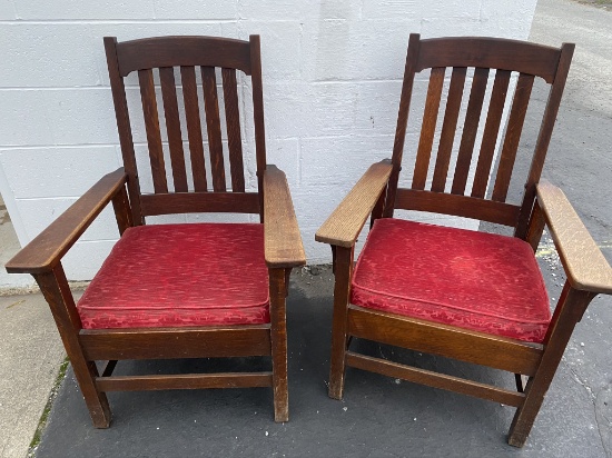 Pair Antique Oak Stickley Armchairs