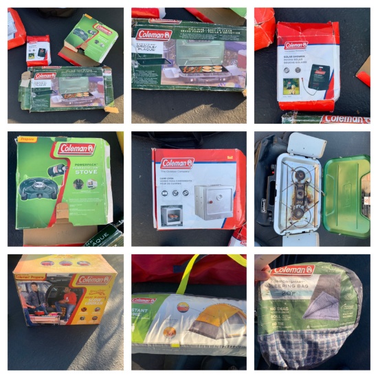 Great Group of Camping Items - Colman Griddle, Solar Shower, Coleman Burner, Massage Chair