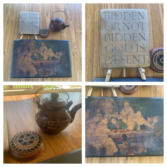 Wood Burned Picture, Teapot & Decorative Items