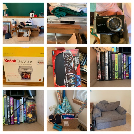 Clean Out Living Room Contents - Electronics, Chair, Frames, Books & More.  See Photos