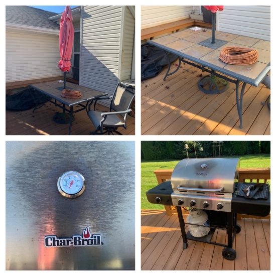 Patio Table, Umbrella,1 Chair, & Char Broil Grill