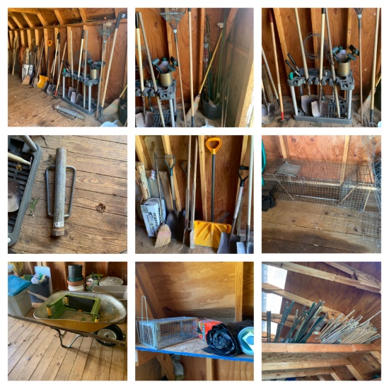 Clean Out Shed - Garden Items, Garden Handles, Animal Traps, Hose, Wheel Barrel & More