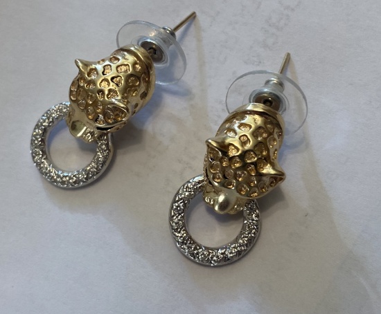 Pair of 14k gold and diamond panther earrings