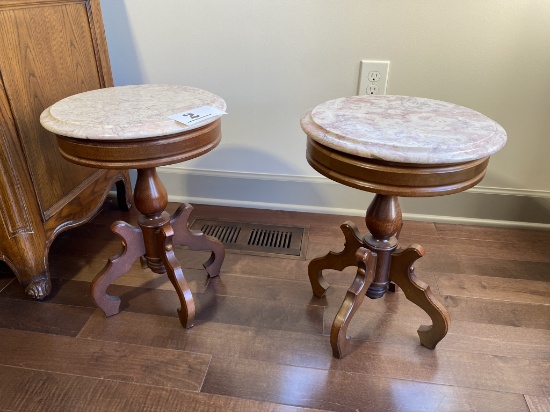 Pair of Vintage Wood Stands w/Italian Marble Tops