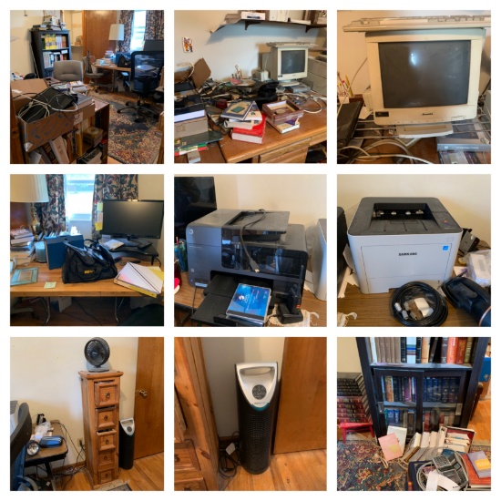 Cleanout Office - Printers, Paper, Desks, Monitors, Book Shelf, Books & More.  See Photos