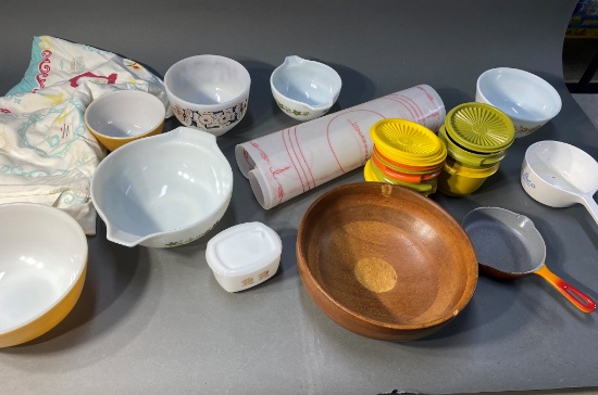 Vintage kitchen lot inc. Pyrex, Tupperware, cast iron and more