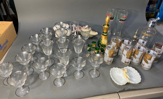 Group lot of vintage glasses, decanter, mixer etc