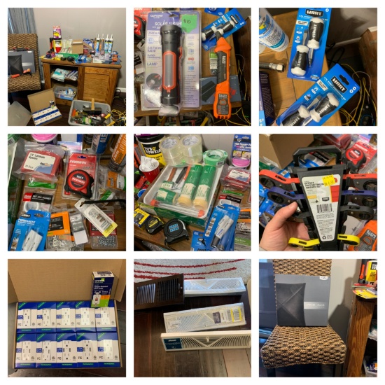 Cabinet, Chair, Hardware, New Tools,Out Lets, Flashlight, Work Light & More.  See Photos