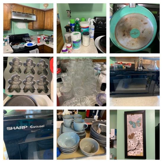 Kitchen Cleanout -  Cleaning Items, Glassware, Knife Block, Microwave, Cake Stand & More