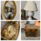 Oval Mirror, Decorative Tray, White Lamp with Shade & Decorative Storage Trunk