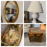 Oval Mirror, Decorative Tray, White Lamp with Shade & Decorative Storage Trunk