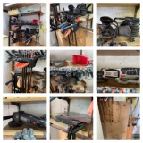 Great Group of Clamps, Palm Sanders, Power Tools, Plywood & White Cabinet