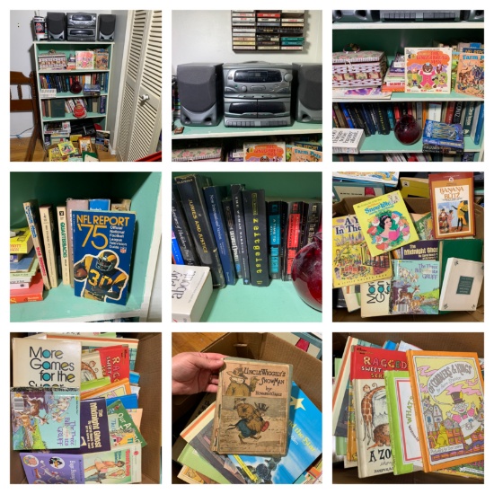 Great Group of Vintage Books including Children's Books, Bookcase, Cassette Tapes & More