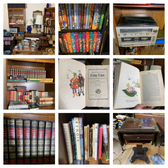 Vintage Andersen's Fairy Tales Book, VHS Tapes, Mirror, Drop Leaf Table, Book Shelves & More