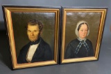 Pair of Antique Folky Signed Oil on Canvas Portraits