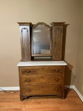 Antique Unusual Marble Top Dresser with Mirror