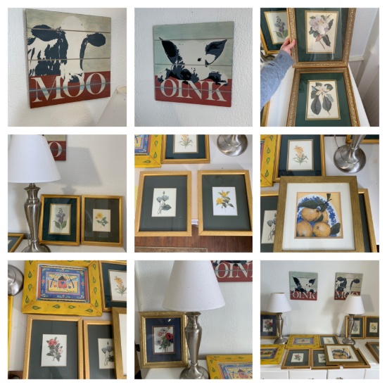 Great Group of Framed Art & 2 Lamps See Photos