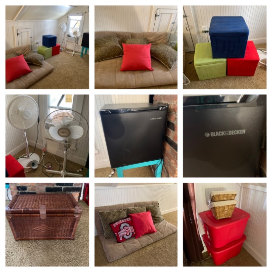 Storage Cubes, Fans, Black & Decker Mini Fridge, Wicker Chest, Dart Board, & More