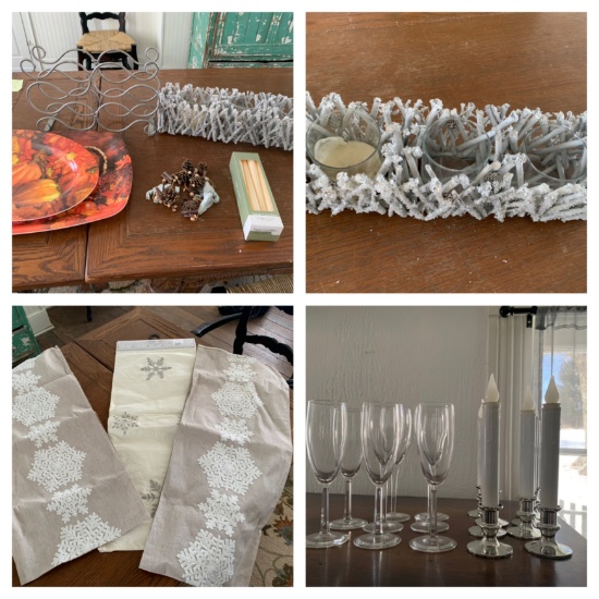 Group of Decorative Items - Wine Rack, Candle Holder, Table Runners & More