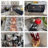 Contents of Kitchen Counter - Utensils, Toaster Oven, Knife Block, Mugs & More