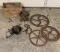 Cast Iron Wheels, Primitive Feed Grinder, Advertising Crate & More