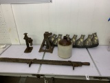 Great Group of Primitive Items - Furniture Clamp, Jack Stands, Stoneware Jug & More
