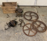 Cast Iron Wheels, Primitive Feed Grinder, Advertising Crate & More