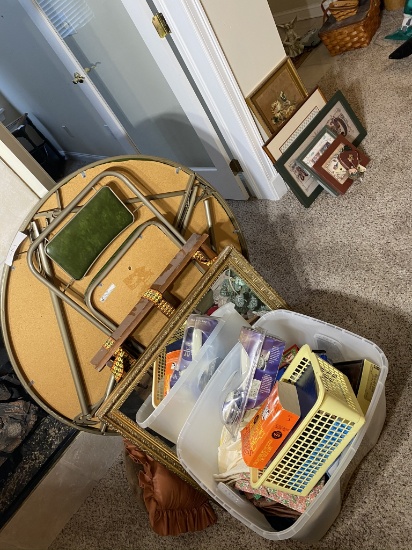 Table, chair, mirror, linens, misc items lot