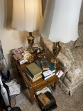 Misc. items on and under lamp table including lamps