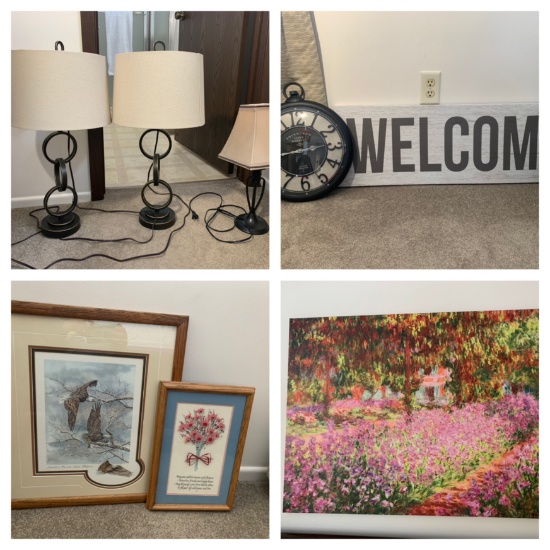3 Lamps, Welcome Sign, Clock, Fake Plant, & Framed Prints