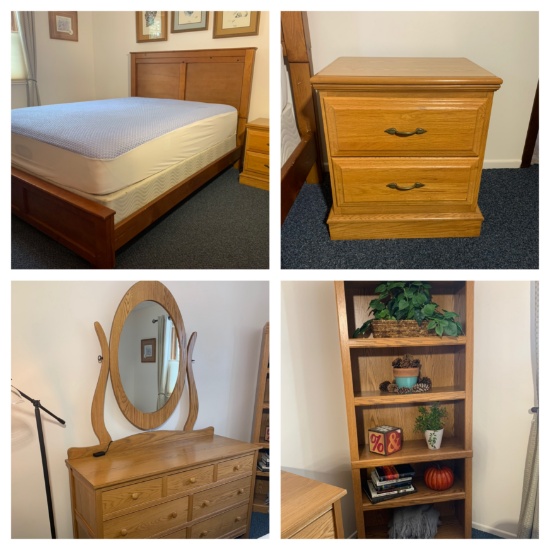 Queen Bedroom Set--Bed, Mattress, Box Spring, Dresser with Mirror, (2) Night Stands & Bookshelf