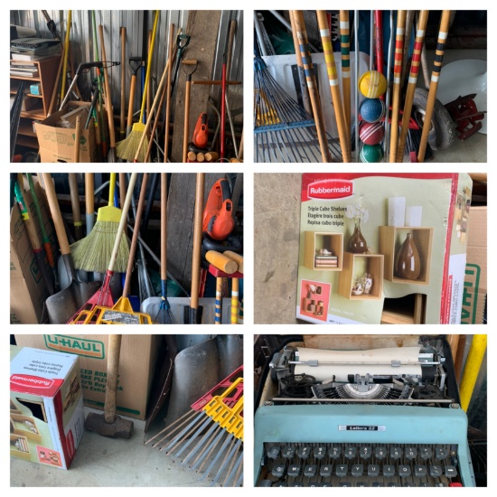 Group of Garden tools, Croquet Set, Vintage Typewriter, Shelves & More