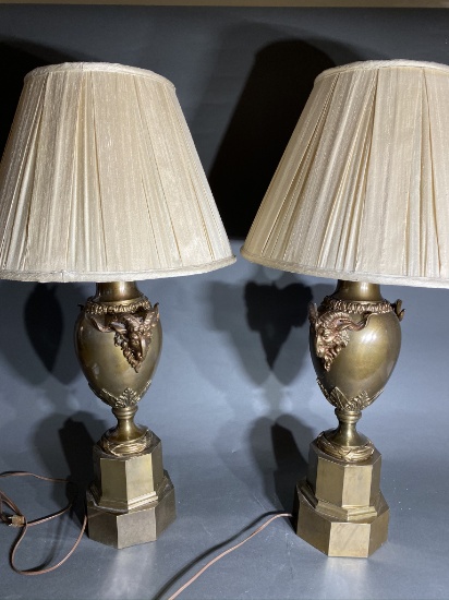 Pair vintage elaborate bronze lamps with rams heads