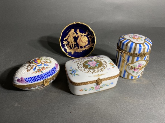 3 French Painted Porcelain boxes plus small plate
