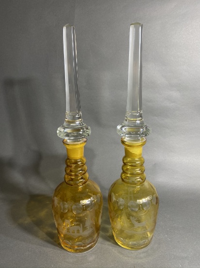 Pair antique Czech cut to clear glass decanters