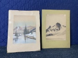 Two original Alpine art pieces in charcoal, chalk