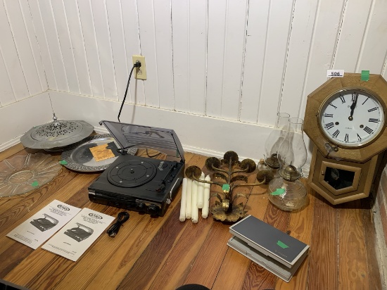 LeGant Clock, Parker Pen Kit, Oil Lamps, Jensen 3-Speed Stereo Turntable, Platters & More
