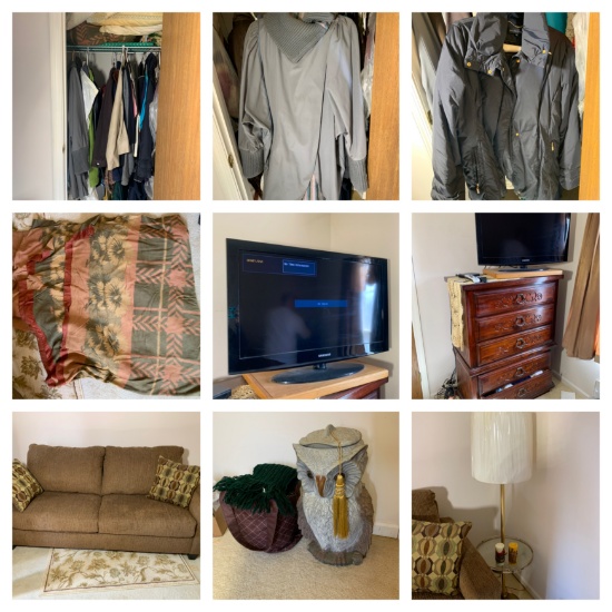 Contents of Bedroom - Clothing, Soft Goods, Sleeper Sofa, 32 inch Samsung TV with Remote & More