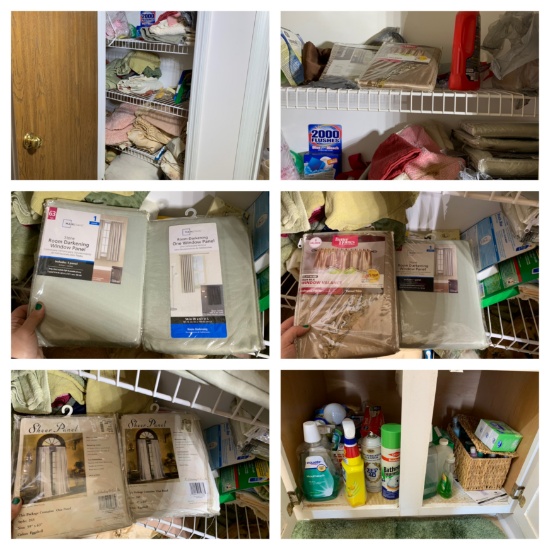 Linen Closet Clean Out & Bathroom Cleanout - Curtains, Cleaning Items, Towels & More