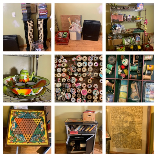 Cd Stands, DVD's, Crafting Items, Metal Shelf, Sewing Items, Locking Rolling Cart, Books & More