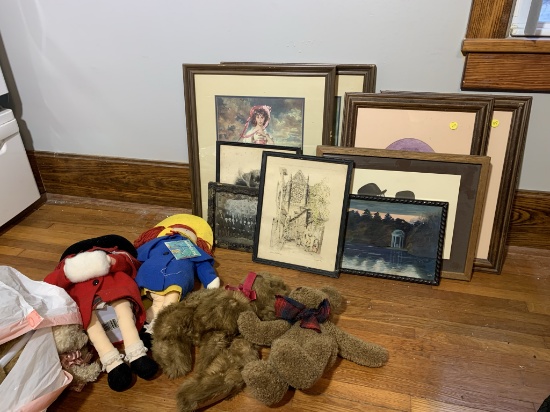 Group of Framed Prints & Stuffed Bears / Dolls