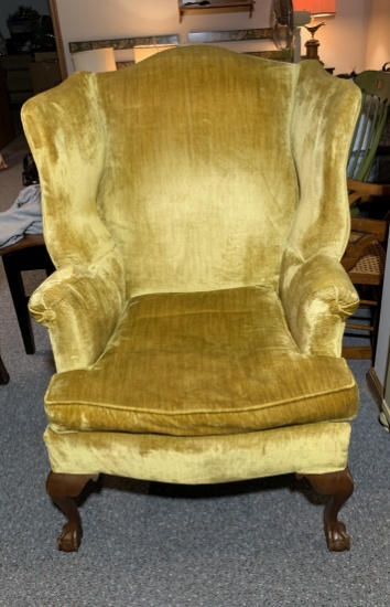 The Berkeley Upholstering Co. Gold Wingback Chair with Ball & Claw Legs