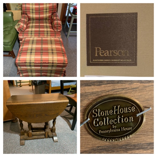 Pearson Upholstered Plaid Chair with Ottoman & Small Drop Leaf Side Table by Stone House Collection
