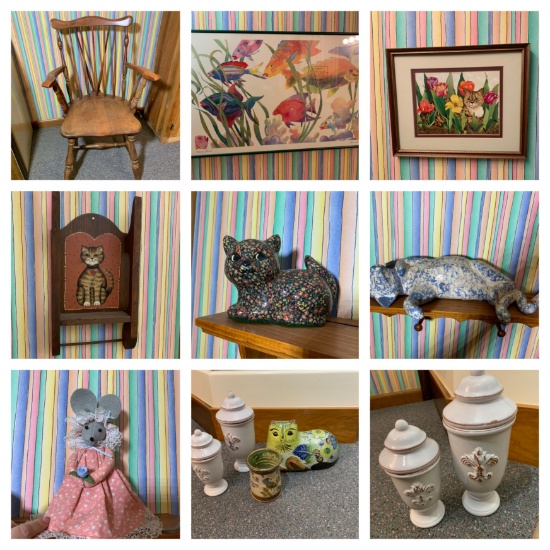 Chair, Fish Print & Cat Decorations