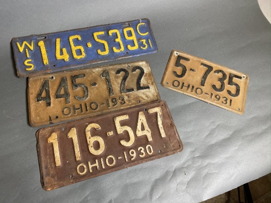 4 Antique License Plates, Ohio, Wisconsin